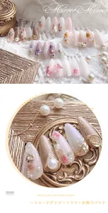 Detailansicht von 18 Nagelkunst-Designs mit Zellstoffblumen und Perlen-Dekor