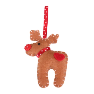 Brown felt reindeer Christmas tree ornament with red heart and dotted hanging rope