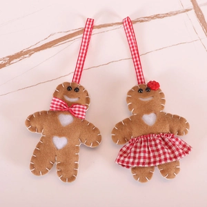 Felt gingerbread man Christmas tree ornaments with red checkered fabric and hanging loops