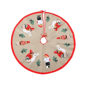 Jupe de sapin de Noël beige avec imprimé enfants et lapin et bordure rouge festif