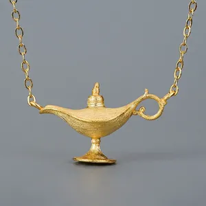 S925 Sterling Silver Aladdin Lamp Pendant Necklace For Women Brushed Matte Finish Vintage Creative Genie Lamp Jewelry Gift
