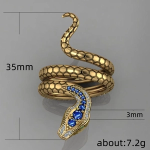 Anillo de serpiente dorado creativo con circones azules y textura de escamas, joya unisex