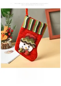 Detail of red Christmas stocking with 3D snowman figure and striped knit cuff decor