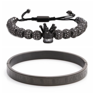 Schwarzes Set aus Armreif mit römischen Ziffern und Kronenperlenarmband für Herren