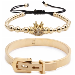 Men's gold Roman numeral bracelet and beaded crown bracelet set with black cord