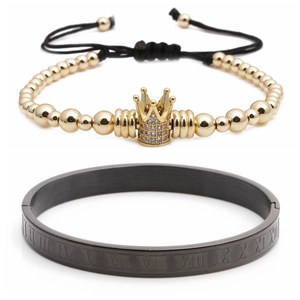 Roman numeral stainless steel cuff and gold crown beaded bracelet set for men