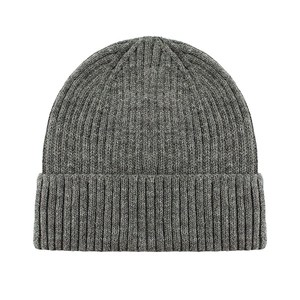 Detailed view of dark grey ribbed knit beanie with high-quality thick wool texture