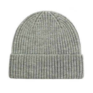 Detailed close-up of light gray ribbed knit beanie showing thick texture and folded cuff