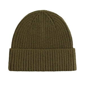 Close-up of olive green ribbed knit beanie showing high-quality textile texture and pattern