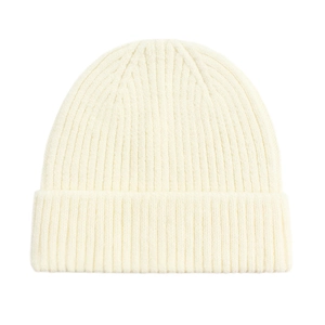 Detailed view of the creamy white knitted rib texture and folded cuff on this beanie hat