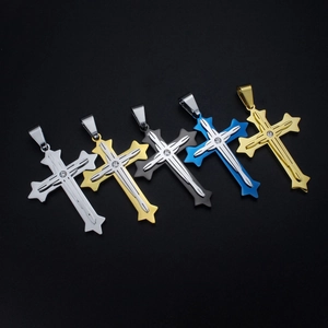Men's titanium steel cross pendants in five colors with inlaid diamonds on black background