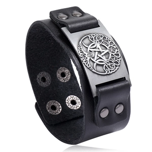 Men Viking Tree Of Life Leather Bracelet Retro Nordic Celtic Knot Pentagram Adjustable Wide Cuff Wristband Punk Jewelry