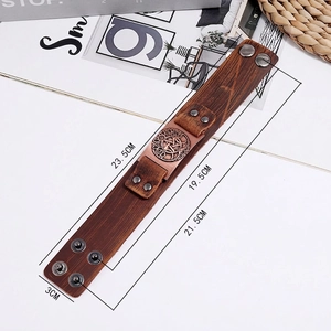Vintage Nordic Tree of Life leather bracelet for men with adjustable metal snaps closure