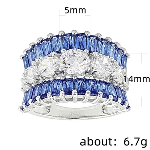 Elegant 925 sterling silver ring with blue zircon stones and round white center gem