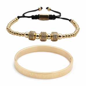 Ensemble bracelet jonc en acier inoxydable avec chiffres romains et bracelet perlé tressé