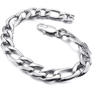 Detail of silver Figaro stainless steel chain with secure lobster clasp on white background