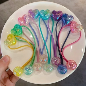 Kids Hair Ties Elastic Heart Shape Acrylic Iridescent Glitter Ball Ponytail Holders Handmade Accessories For Girls