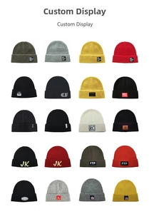Custom display of 20 vibrant colors for ribbed knit beanies with various logo patches