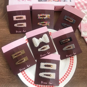 Kids Faux Artificial Pearl Beaded Hair Clips Cute Bow Geometric Snap Barrettes Fashion Headwear For Girls Toddlers Handmade