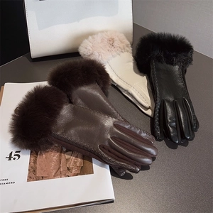 Women Winter Suede PU Leather Gloves Touchscreen Fleece Warm Elegant Fashion With Plush Cuffs Bow Decoration Cycling Gloves