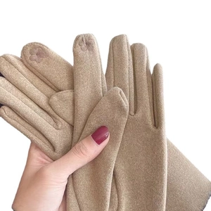 Elegant khaki bow touchscreen gloves for women with delicate floral embroidery on fingertips