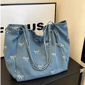 Denim Tote Bag Large Capacity Bow Print Embroidery Lace Decor Shoulder Bag For Women Casual Retro Chic