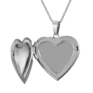 Polished heart locket necklace in silver finish shown open with photo compartments