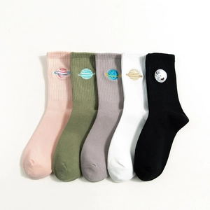 Women's Preppy Style Planet Embroidery Middle Tube Socks Japanese Cotton Breathable Casual Candy Color Crew Socks