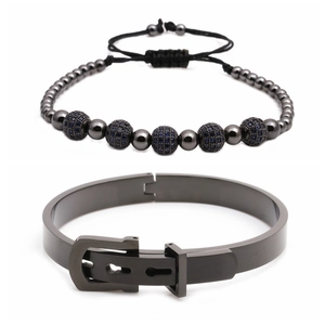 Details von Herrenarmband-Set mit Metallschließe und blauem Zirkonia-Perlenarmband