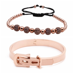 Roségoldenes Armband-Set mit römischen Ziffern und geflochtener Perlenkette