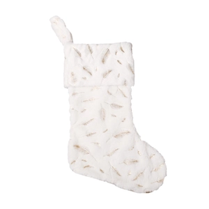 Chaussette de Noël en fausse fourrure blanche avec motif plumes dorées et boucle