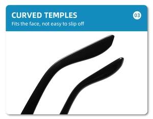 Détail des branches incurvées ergonomiques sur lunettes noires pour un maintien sûr