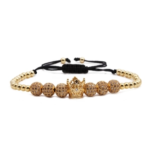Bracelet à perles couronne dorée avec zircons et cordon noir tressé réglable élégant