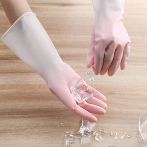 Pink gradient waterproof latex gloves with non-slip texture for kitchen cleaning chores