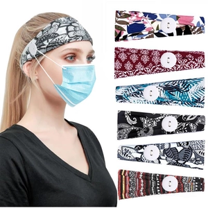Detail of printed yoga headband with buttons for ear protection and stress relief