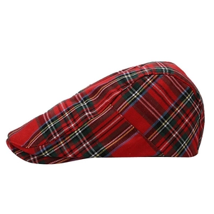 Classic red plaid beret cap with Scottish tartan pattern shown from a side profile view