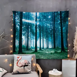 Detail of forest landscape tapestry with cozy warm LED string lights for room decor