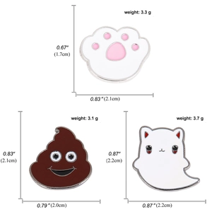 Three enamel brooches with cat paw, poop and ghost designs showing dimensions and weight