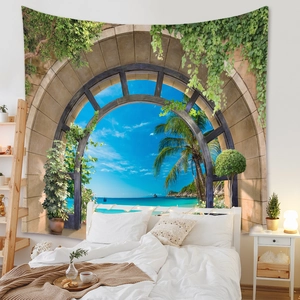 Bohemian tapestry featuring Mediterranean window sea view with palm trees and plants