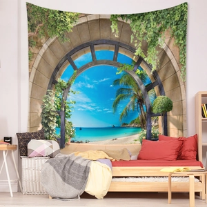 Detail of 3D archway tapestry with tropical sea view and lush green plants in a bedroom