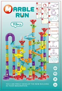 Detailed components list of the 113pcs marble run toy set with colorful tubes and funnels