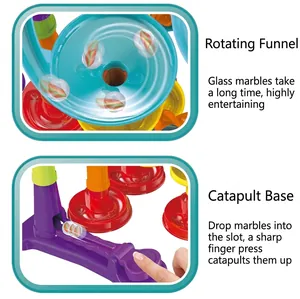 Detail of blue rotating funnel and purple marble launcher components in a marble run set