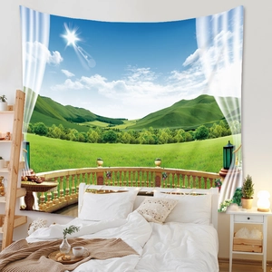 Detailed view of 3D window scenery tapestry showing lush green hills and blue sky on wall