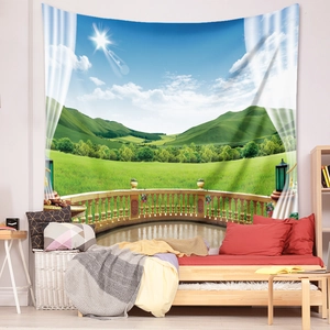 Detail view of Bohemian landscape tapestry hanging in a cozy bedroom with balcony view