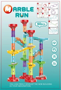 Detailed 50-piece marble run set with colorful funnels, spiral tracks and assembly guide