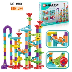 Close-up of 113-piece marble run set with colorful plastic tubes and educational components