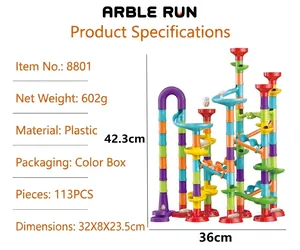 Detail showing 113 pieces of colorful marble run track blocks with transparent funnels