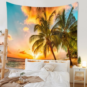 Detail of tropical sunset beach tapestry showing palm trees and orange sunset over sea