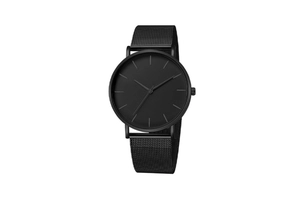Close-up of minimalist black matte watch dial with stainless steel mesh strap detail