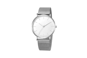 Minimalist silver men's watch with white dial and stainless steel mesh strap close-up